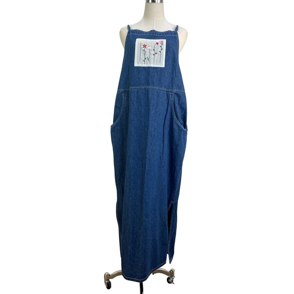 Vintage Denim Maxi Dress Floral Detail Embroidery Sophia Rose